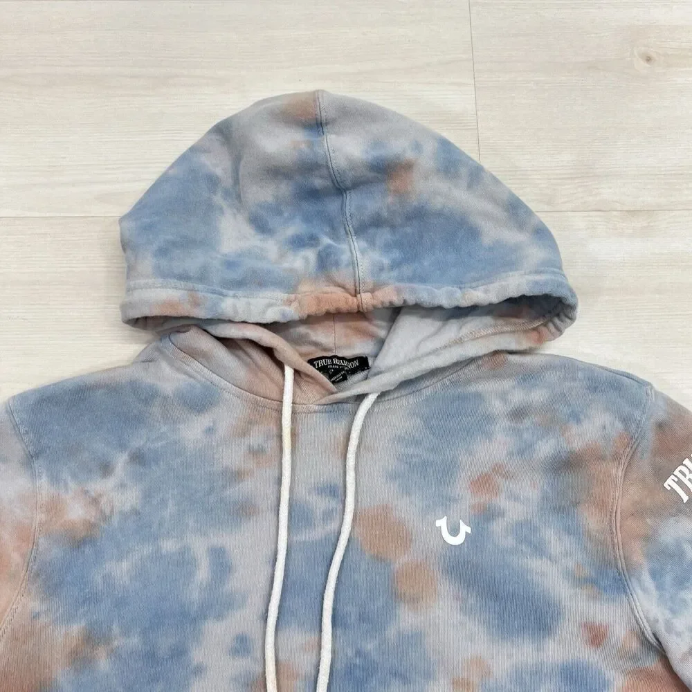 True Religion Hoodie Mens Small Tie Dye Blue Logo Spell Out Sleeves Pockets